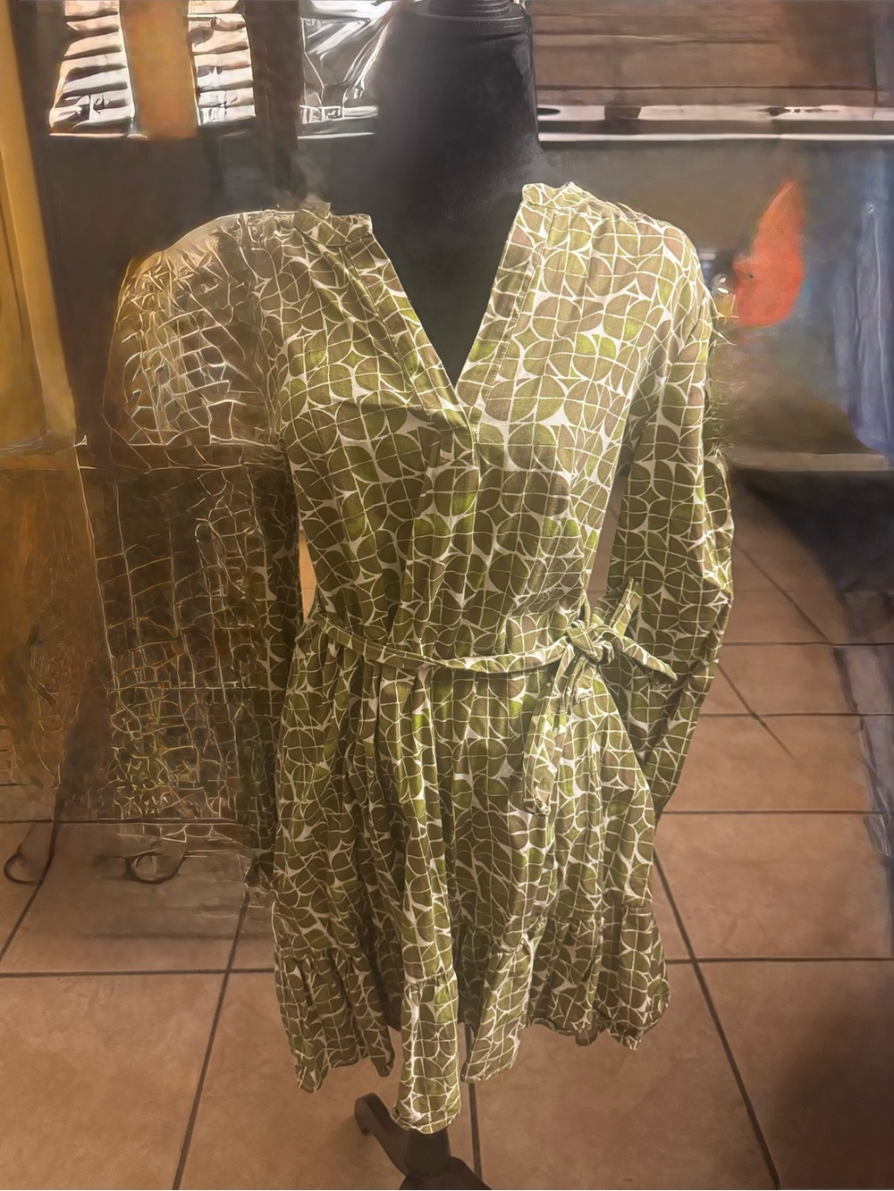 Jessica Simpson Olive Green Geometric Tie-Waist Mini Dress